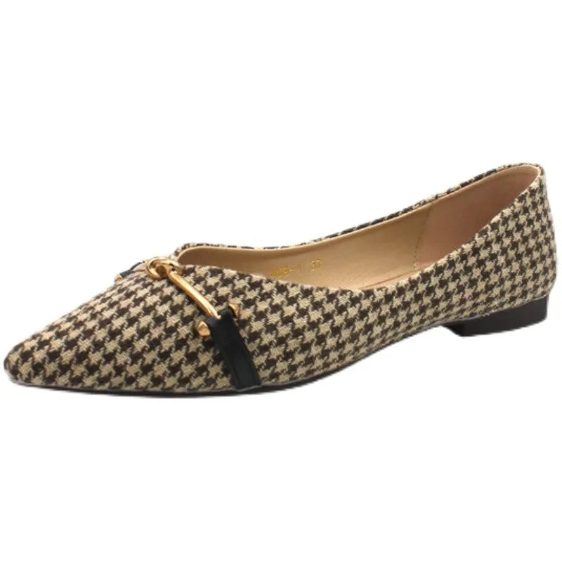 Gingham Print Pointed Toe Flats | Stylish Cotton Slip-On Shoes for Women