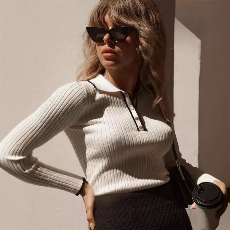 Winter Fashion Slim Fit Ruched Office Shirt Cotton Sweaters with Turn-Down Collar