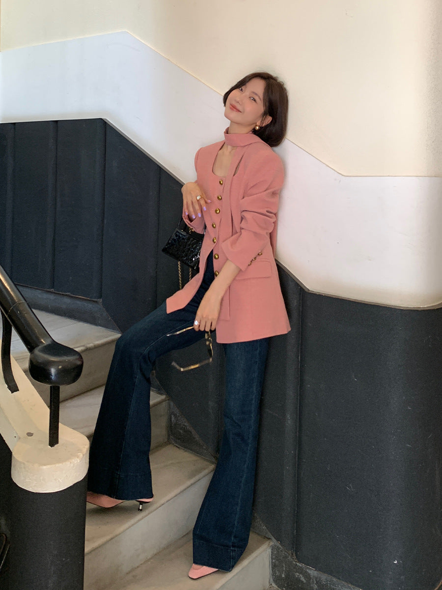 Korean Style Suit Jacket for Women – Pink Belted Blazer | Elegant Commute Coats 2025