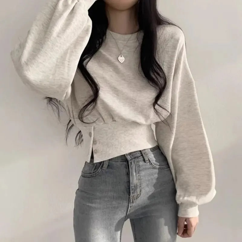 Autumn Crew Neck Buttoned Short Pullover Sweatshirt for Women