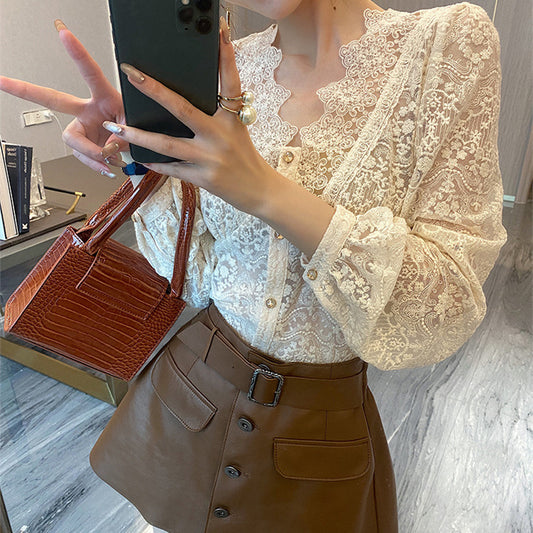 Elegant Lace & Cotton Blouse β Korean OL Commuting Outfit for Women