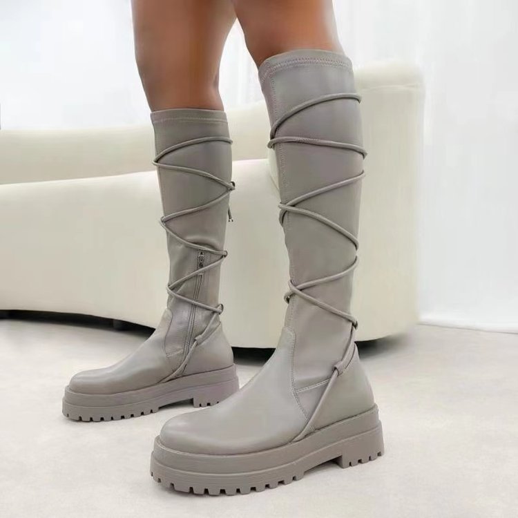 Lace-Up Platform Cowboy Martin Boots for Women | High Tube PU Leather Work Boots