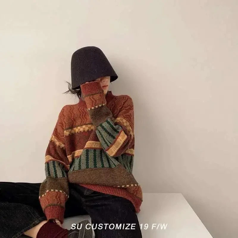 Vintage Turtleneck Sweater – Loose Geometric Pullover for Women 2026
