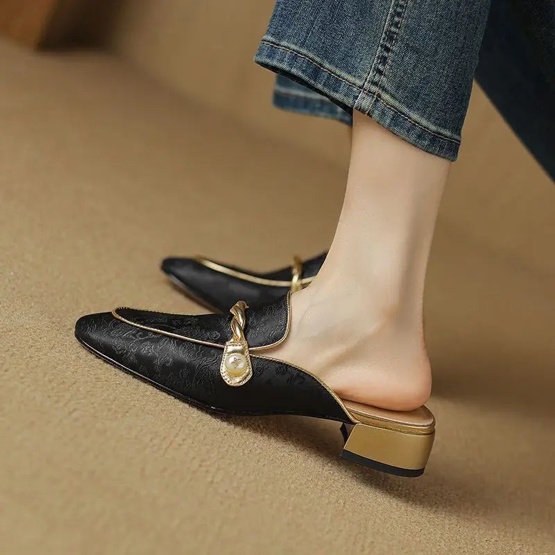 Women’s Retro Patchwork Square Heel Slippers – Vintage Summer Sandals