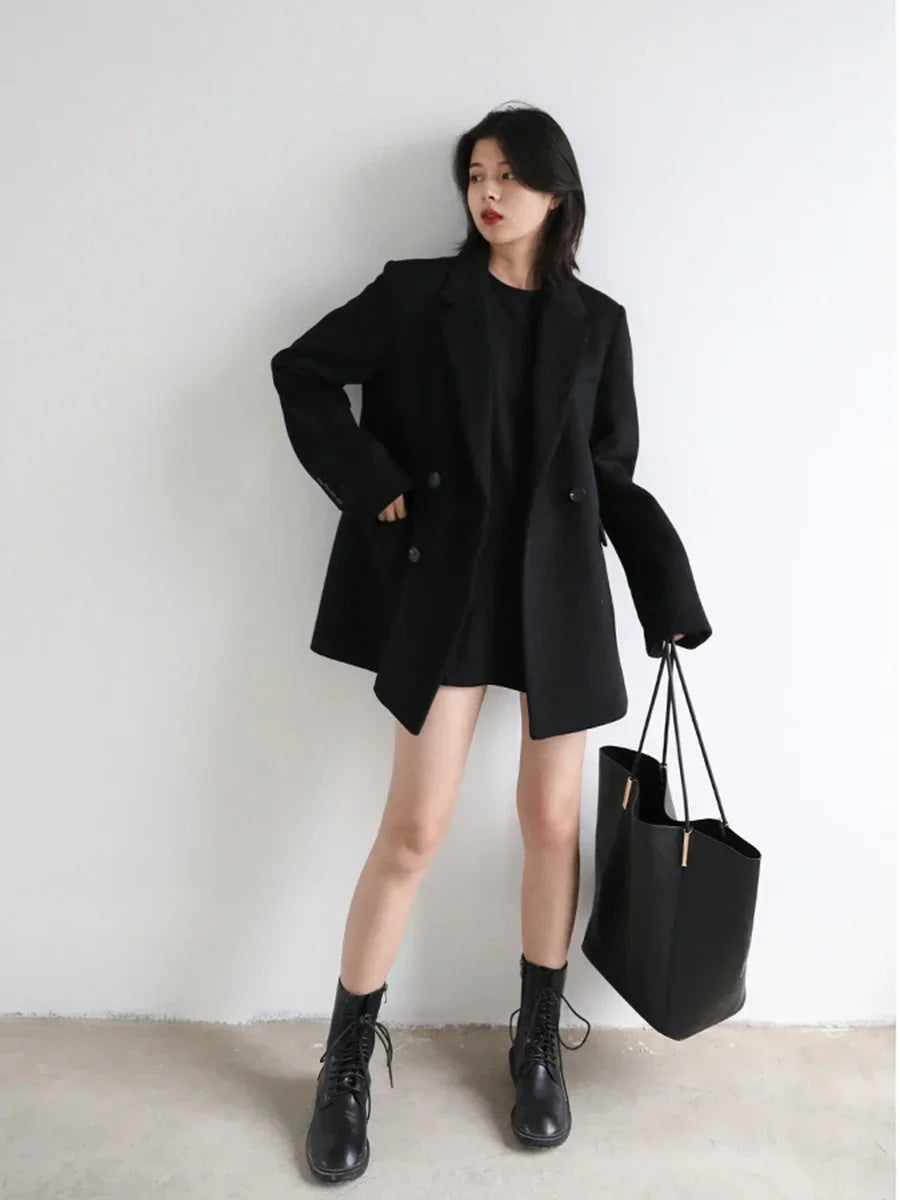 Mid-Length Wool Blend Coat for Women – Elegant Wide-Waist Blazer, Autumn Winter Office Wear 2025