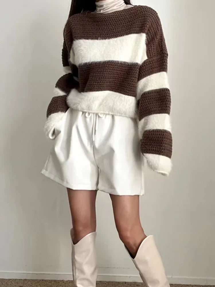 Women’s Striped Lantern Sleeve Pullover Sweater – Casual Winter Knit