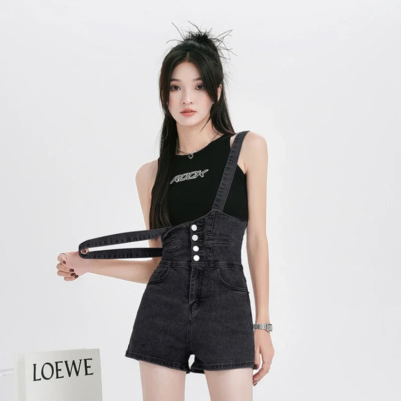 Trendy Denim Romper for Women – Casual Button-Up Playsuit with High Street Style