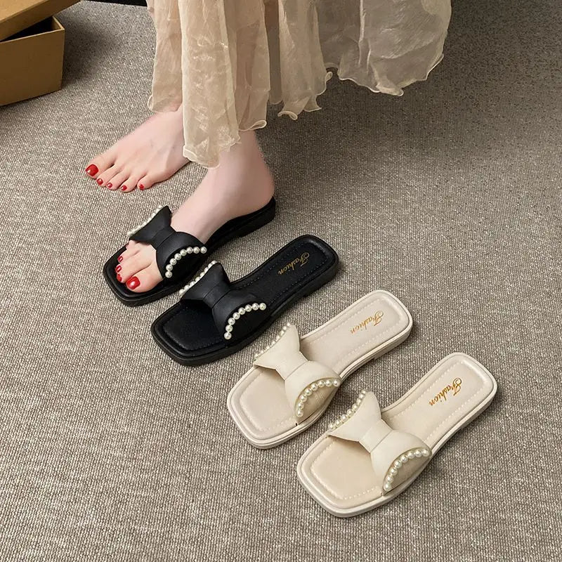 Women’s Butterfly Knot Low Heel Slippers – PVC Summer Slip-On Sandals