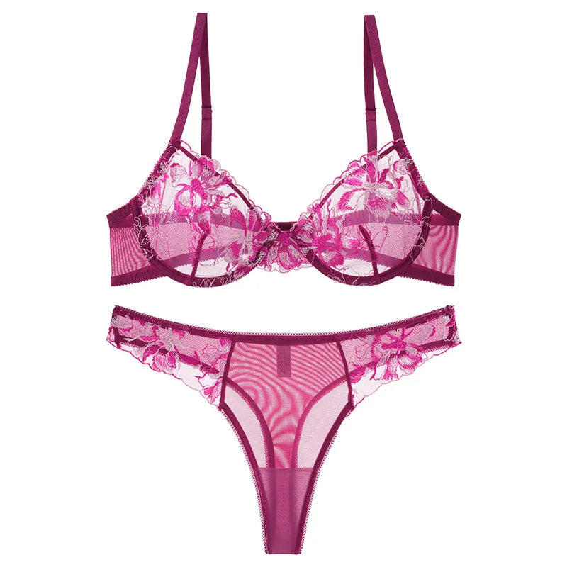 Unlined Bra & Panty Set – Sheer Mesh & Floral Embroidery