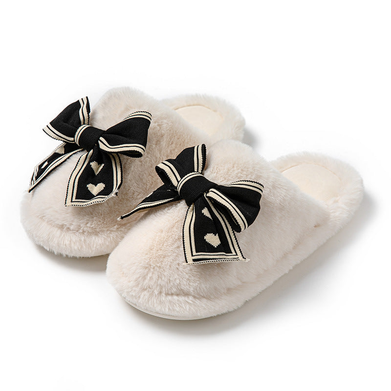 Women’s Fluffy Bowknot House Slippers – Cozy Indoor Flats