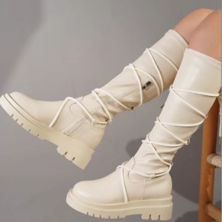Lace-Up Platform Cowboy Martin Boots for Women | High Tube PU Leather Work Boots