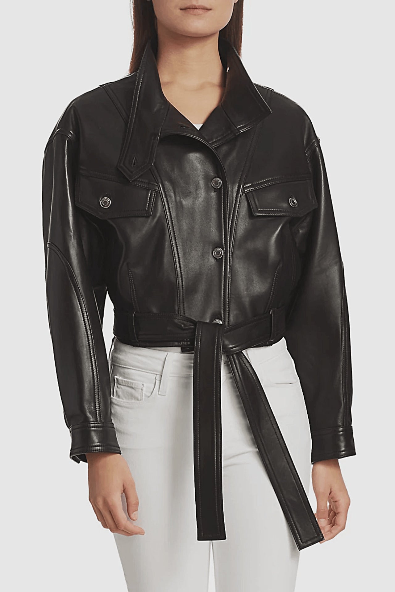 Luxury Black Style Belted Women Leather Jackets