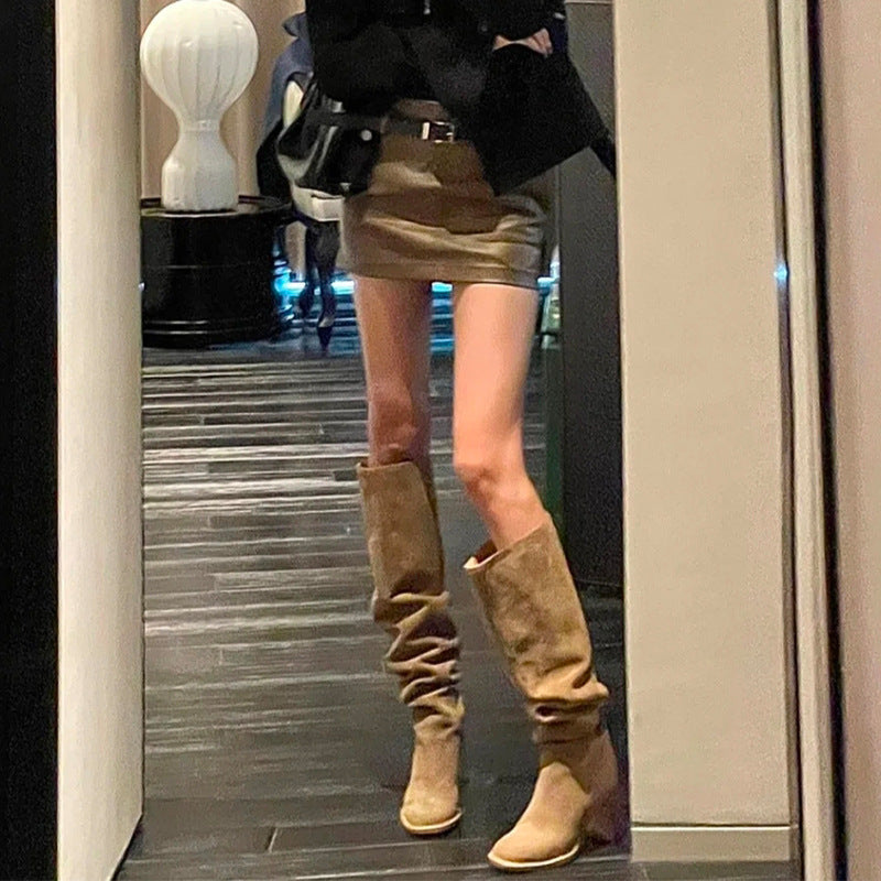 Khaki Suede Boots for Women | Square Toe Chunky Heel All-Season Footwear