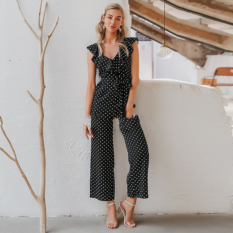 Polka Dot Ruffle Full-Length Jumpsuit for Women – Elegant High Street Summer Outfit