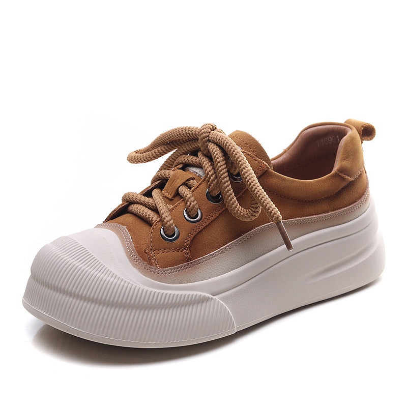 Chunky Bottom Cow Leather Lace Up Slip On Women Shoes