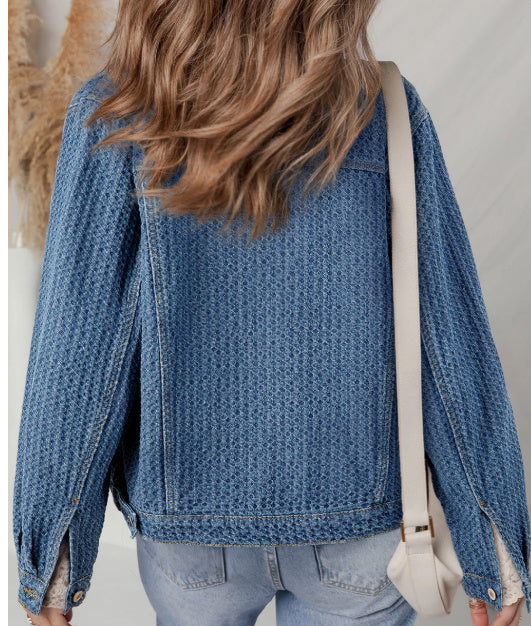 Heart Shape Pocket Retro Style Blue Denim Jacket Pant Set