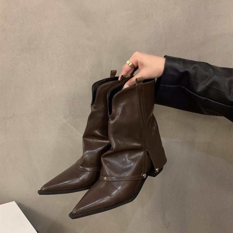 Womens Mid Calf Winter Boots New Leather Comfortable Mid Heel Motorcycle Boots Non Slip Fashion Boots