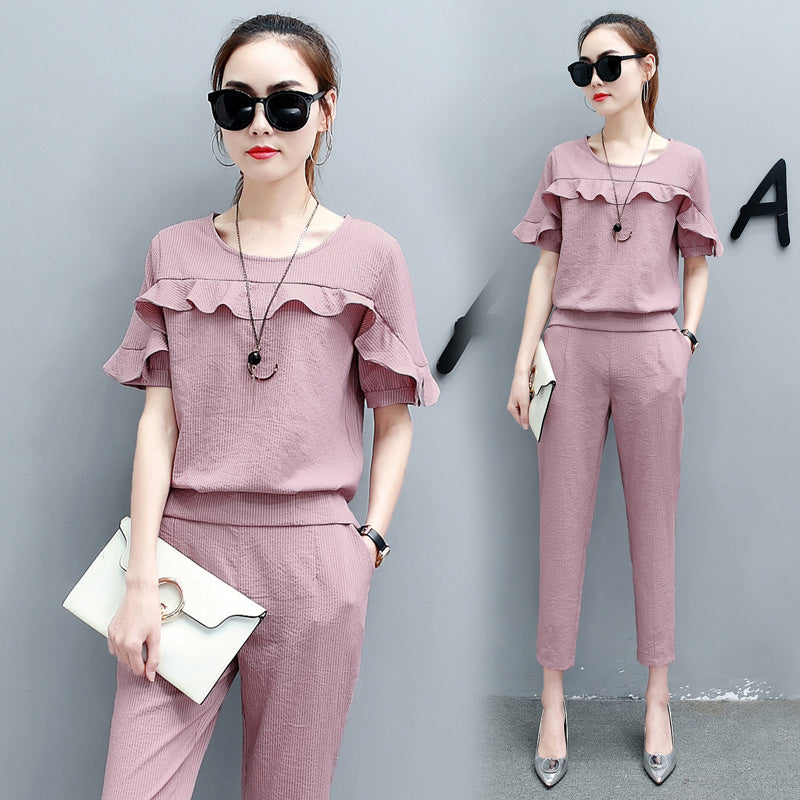 Ruffle Design Top Short Two Piece Outfit Sets