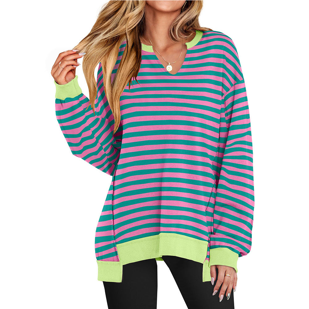 Colorful Striped V-Neck Loose Sweatshirt – Bold Comfort with Street Fashion Vibes