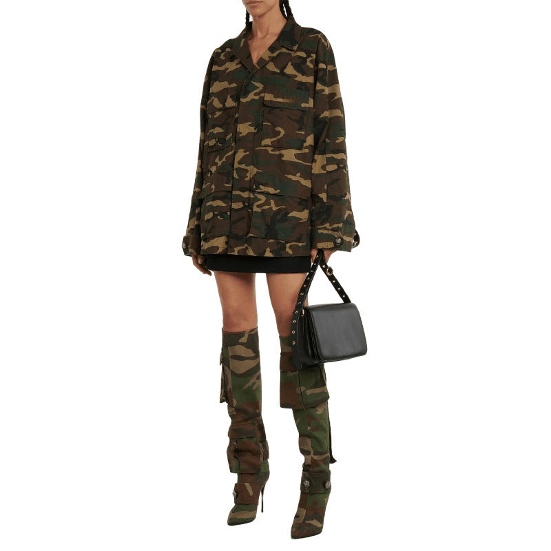 Womens Camouflage Thin High Heel Knee High Boots