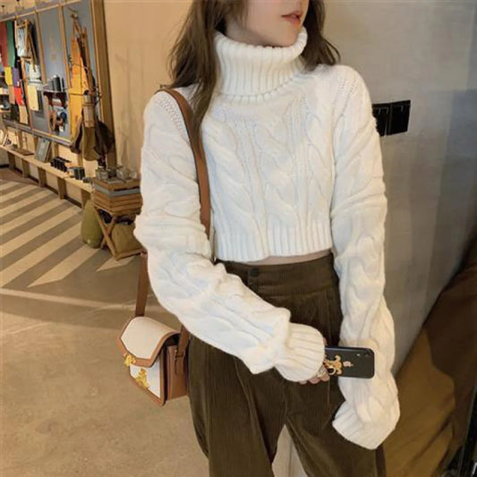 Elegant Turtleneck Winter Sweater For Women Thick Warm Knitted Pullover With Crochet Texture Slim Loose Fit Jersey Knit Jumper