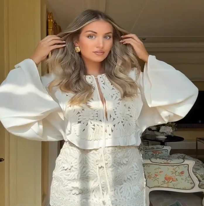 Hollow Embroidered Bell Sleeve Shirt & Short Skirt Two-Piece Outfit Set | Trendy Street Style Style 2025