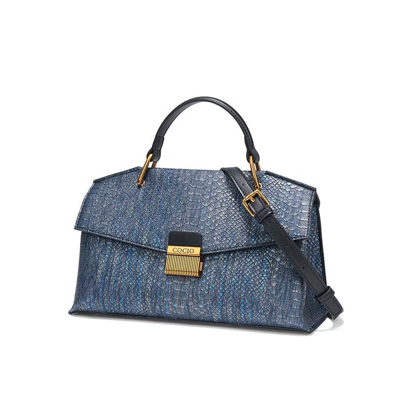 Trendy Blue Handbag Snake Pattern Composite Cowhide Leather