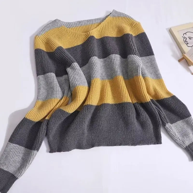 Chic Striped Knit Pullover Oversized Casual Streetwear For Autumn Winter