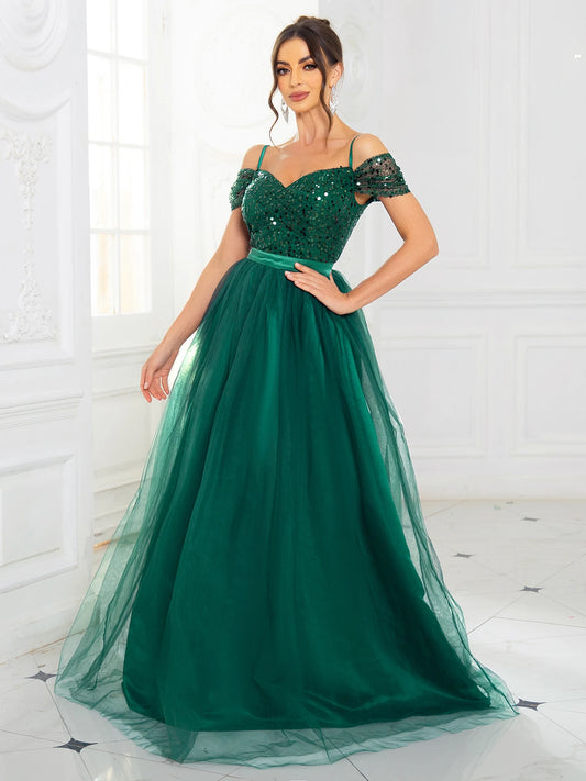 Bell Sleeve Off Shoulder Sequin Backless Long Dress