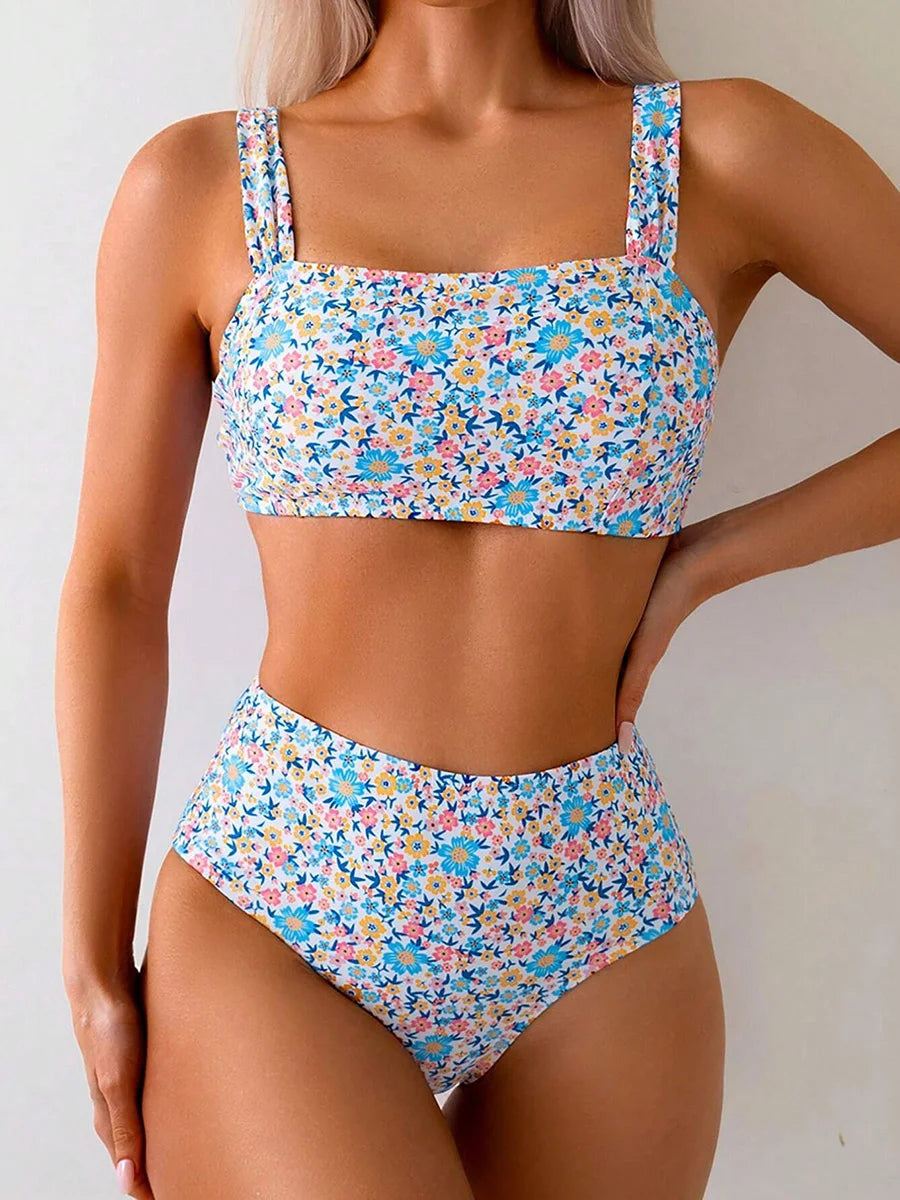 Pink Ditsy Floral Print High Waist Square Neck Bikini Aesthetic