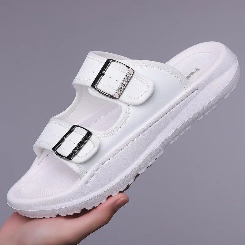 2025 Women S Outdoor Beach Sandals Double Layer Leather Graffiti Print Non Slip Slippers