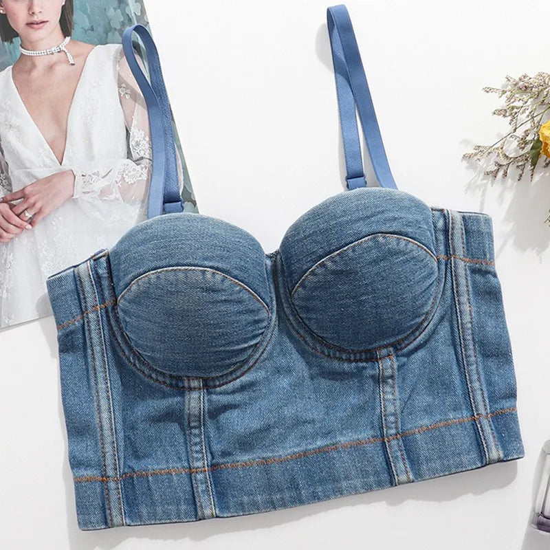 Chic Silhouette: Backless Denim Corset Bustier Top