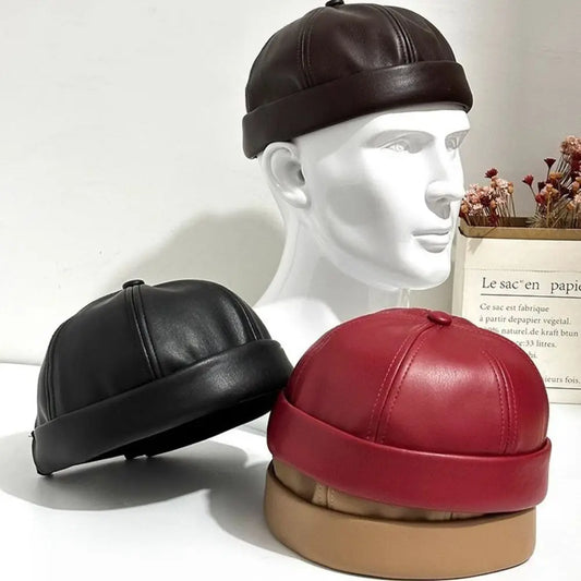 Retro Pu Leather Landlord Hat Unisex Adjustable Melon Skin Cap Vintage Docker Style For Autumn Winter