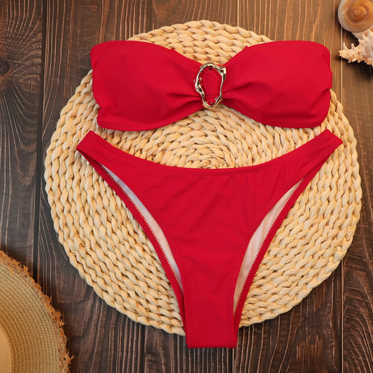 Mocha Brown Hammered Ring Bandeau Bikini Aesthetic