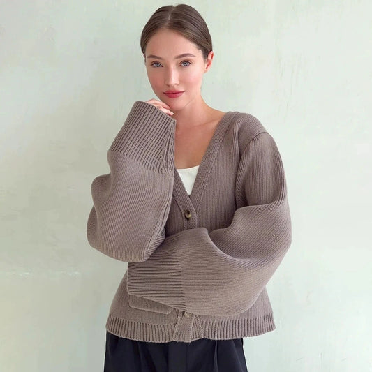 Womens Autumn Winter Loose Fit V Neck Knitted Top Versatile Thickened Sweater Cardigan With Pockets Idle Style Small Jacket