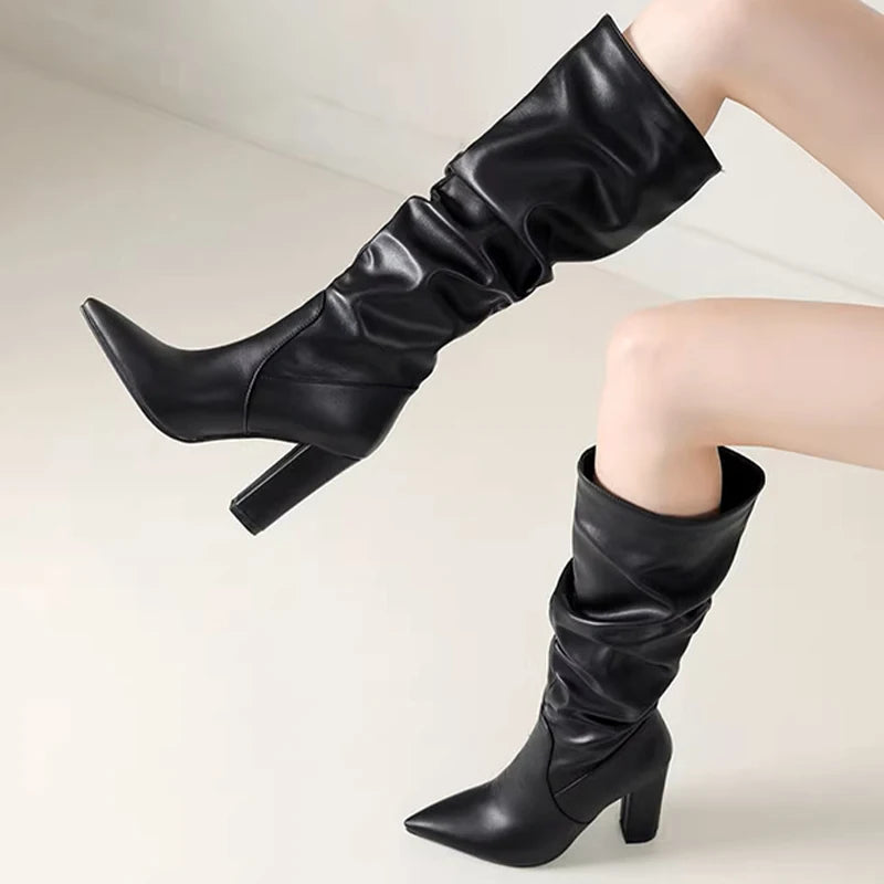 New Fashion Women Winter Knee Boots Chunky Heels Pointed Toe Pretty Green Party Shoes