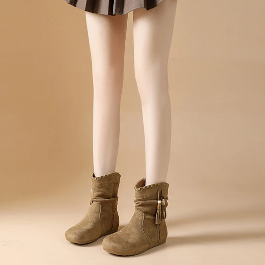 Retro Women S Tassel Short Boots Round Toe Rivet Buckle Flat Ankle Boots Casual Winter Warm Shoes For Women