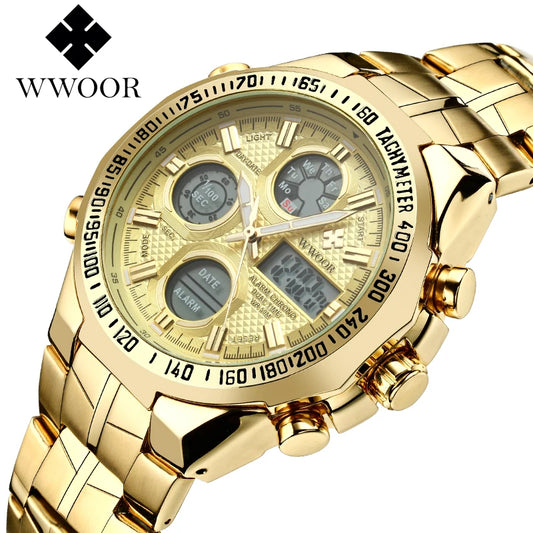 Mens Dual Rich Display Stainless Steel Golden Class Watches