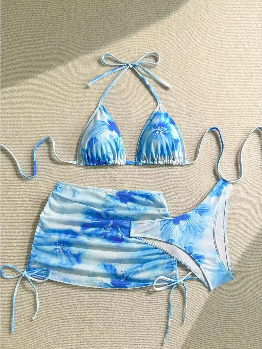 Hibiscus Print Orange and White Bikini with Mesh Skirt Aesthetic