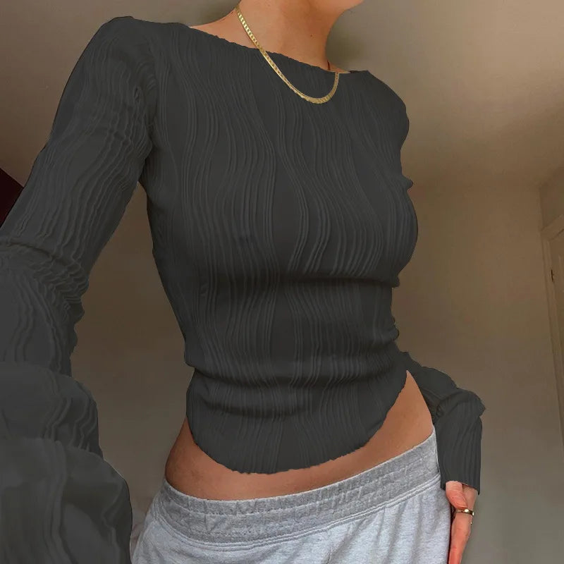 Florida Y2K Street Style Long Sleeve Autumn Ruched Cropped Top