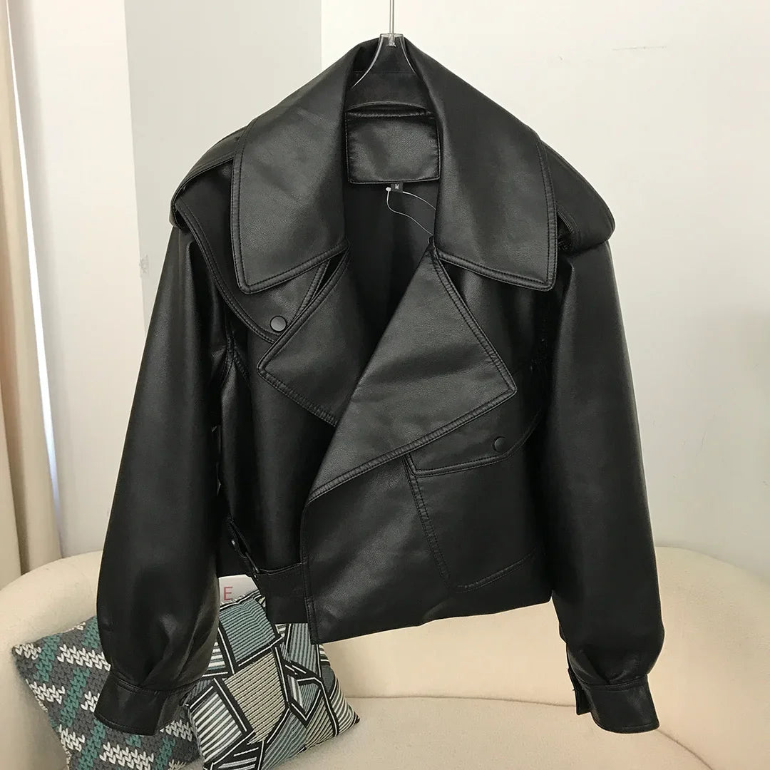 2025 New Womens Black Faux Leather Bomber Jacket Button Up Short Coat Turn Down Collar Moto Biker Style For Spring Autumn