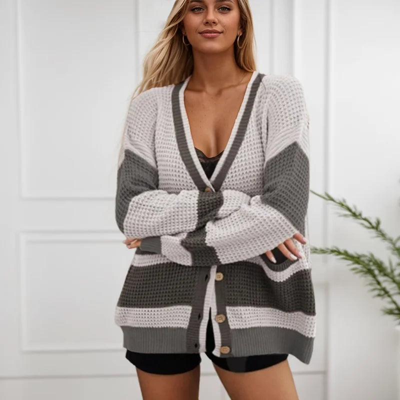 Color Block Striped Knit Cardigan – Women’s Winter Sweater