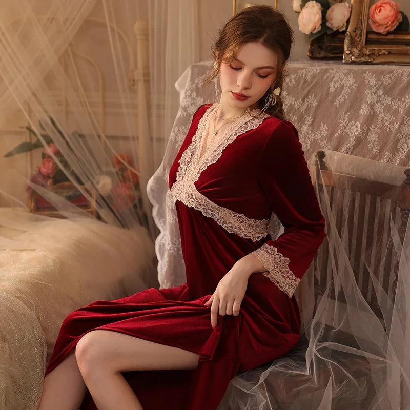 Womens Velvet Pajama Set Elegant Lace Nightgown Long Sleeve Robe For Cozy Winter Nights