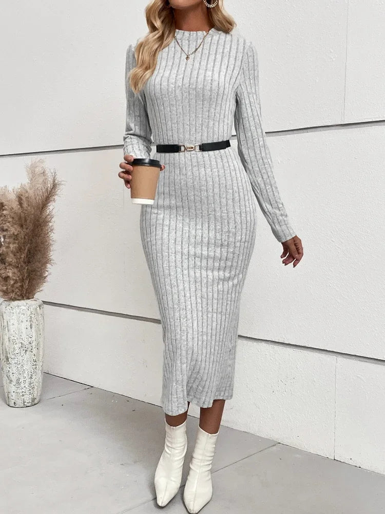 city knit dresses Chic Ribbed Maxi Dress for Elegant European Styling Light Gray / XL True to size Specifications