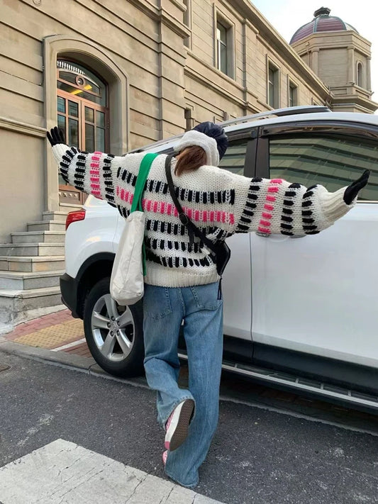 Womens Bold Black Striped Knit Sweaters