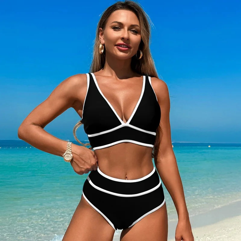 Push Up Bikini Set – Solid Color Mid Waist Two Piece Swimwear