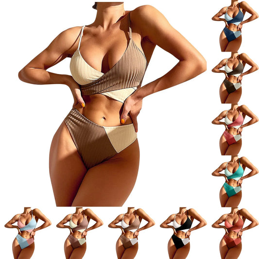 Two-Tone Blue Ribbed Wrap Bikini Aesthetic