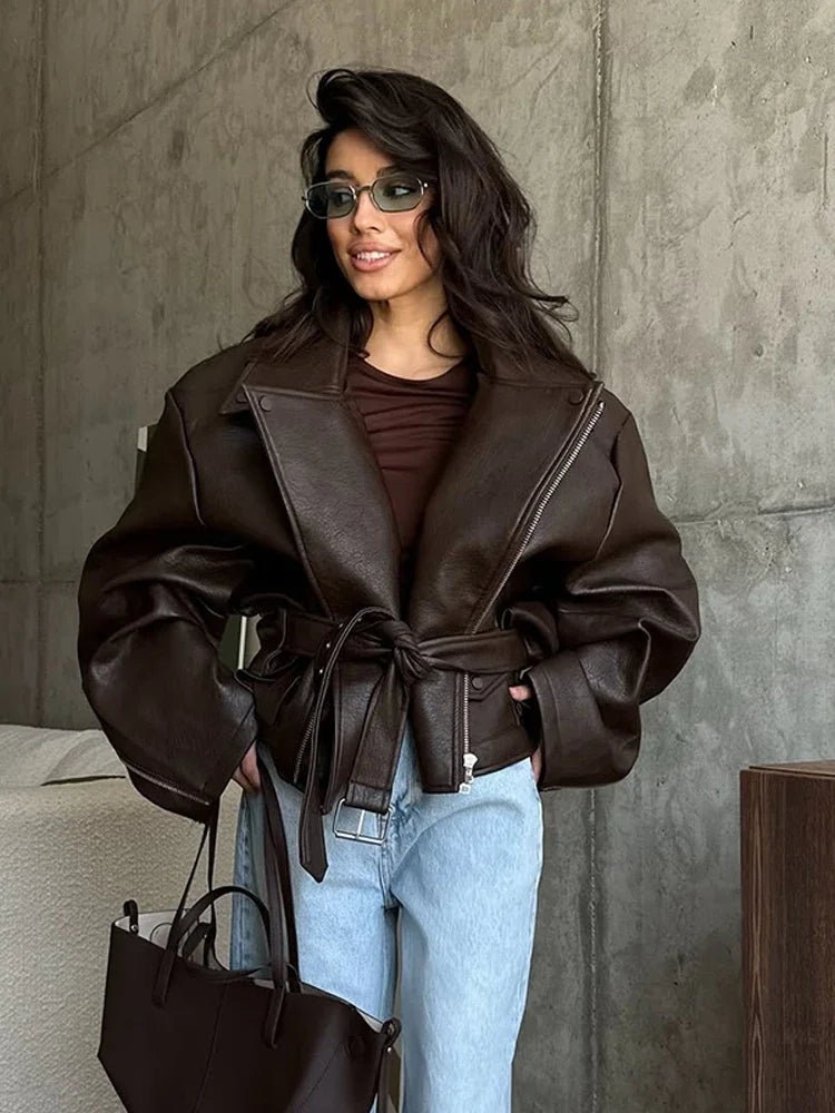 Lapel Collar Crop Leather Jackets