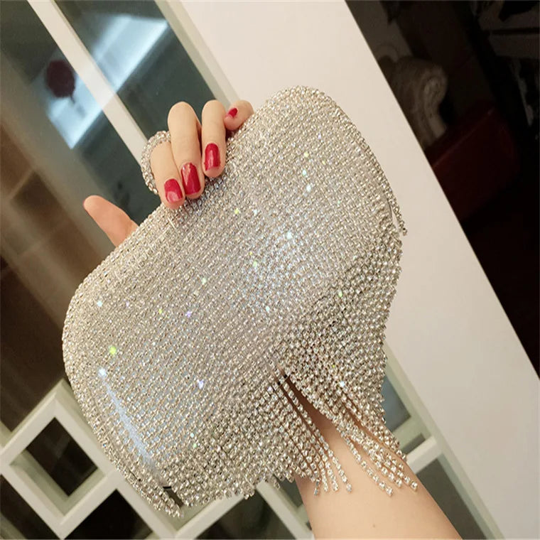 Rhinestone Tassel Clutch Beaded Metal Evening Bag With Chain Shoulder Messenger Purse For Weddings