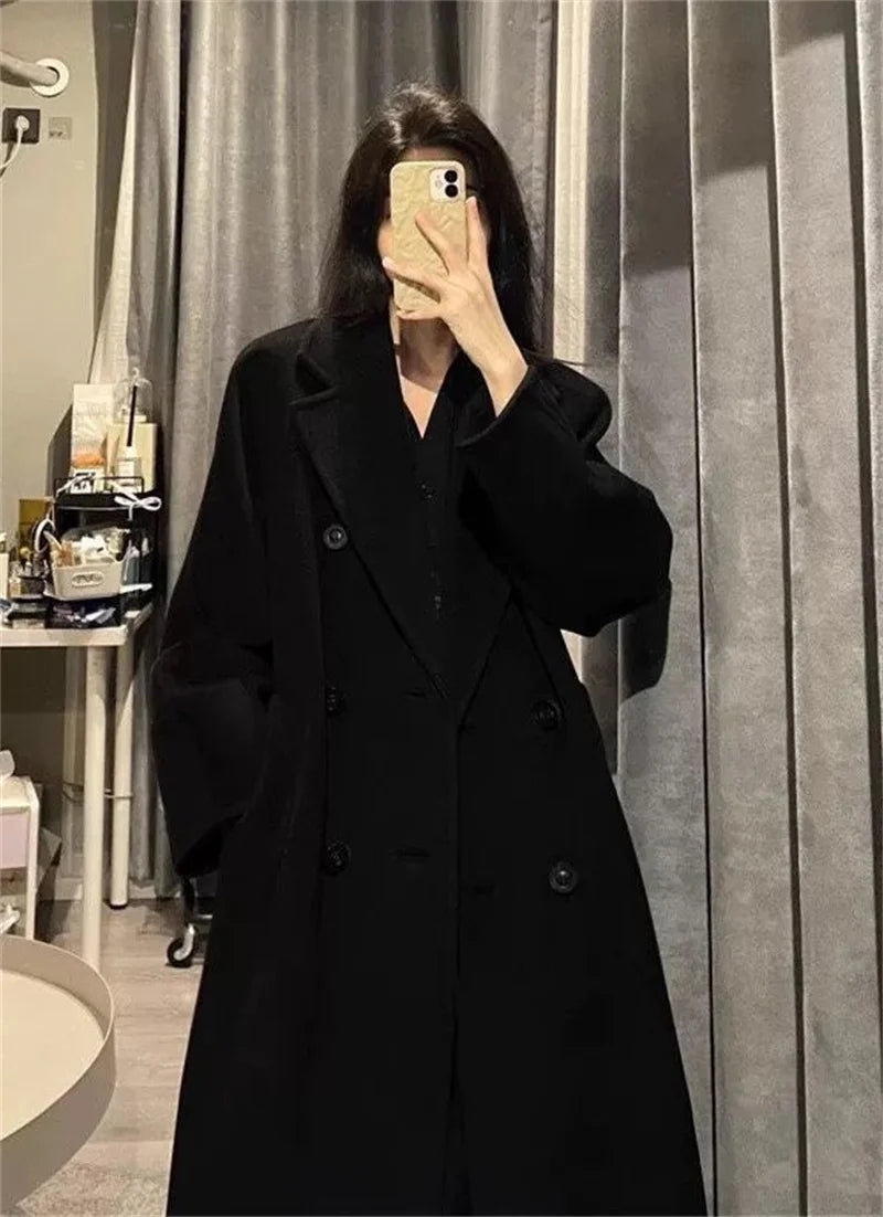 Elegant Woolen Belted Coat for Women – Korean Style Double Breasted Winter Overcoat